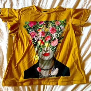 Frida Kahlo Yellow Gold Flower T-Shirt with Ruffled Butterfly Sleeves